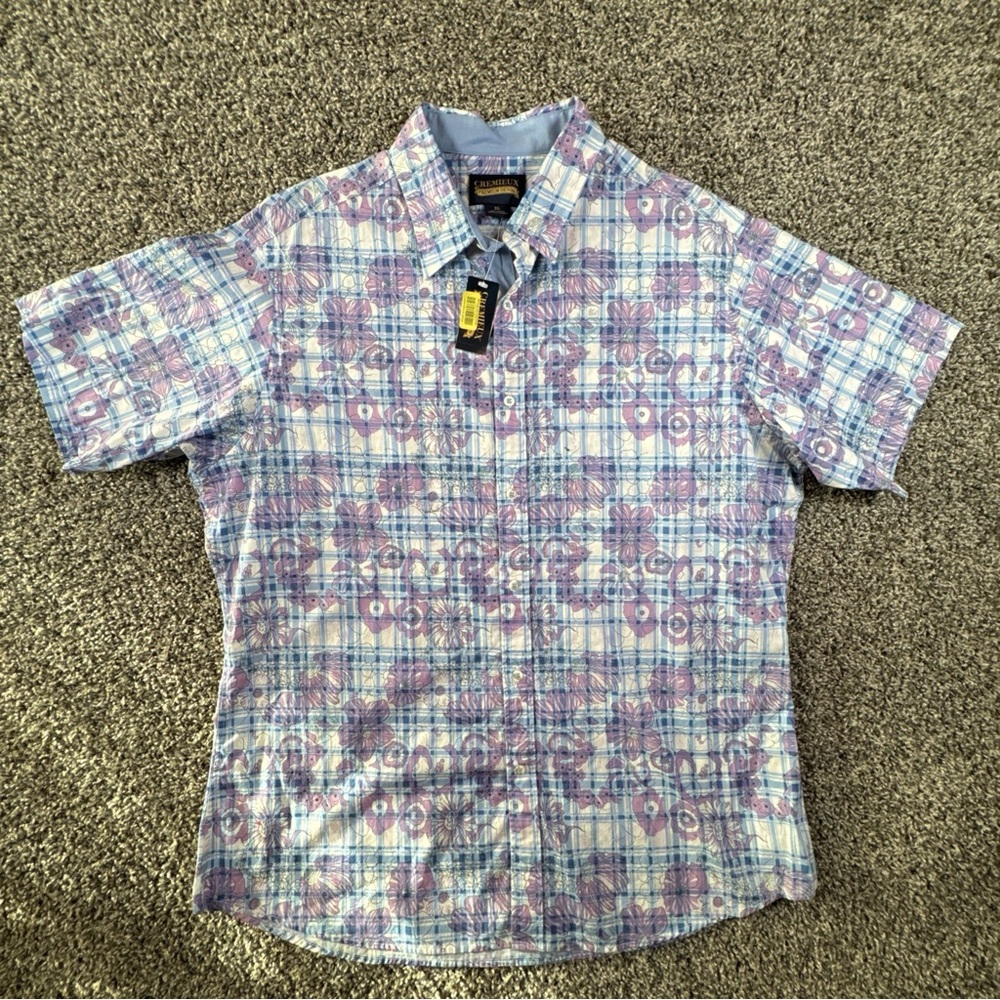 Cremieux Premium Denim Men’s Short Sleeve Button Up Blue/Purple Hawaiian Sz XL